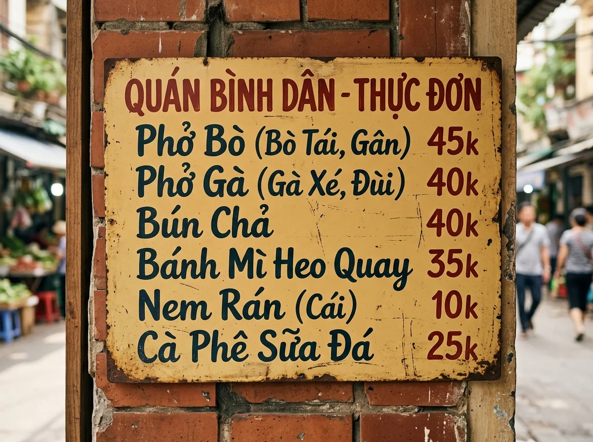 A menu board at a street food stall in Hanoi